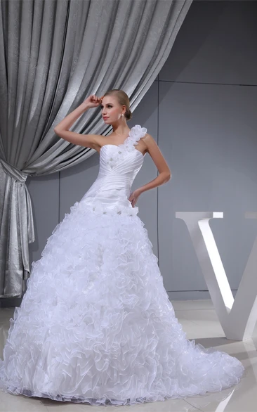 Sleeveless Ruched Floral Strap and Ball-Gown With Ruffles