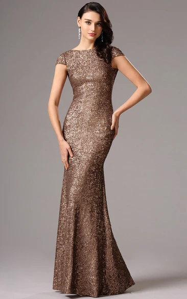 Sheath Floor-Length Bateau Short Sleeve Sequins Backless Dress