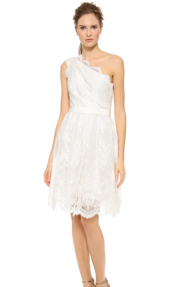 Short One-shoulder A-line Lace Dress With Satin Sash