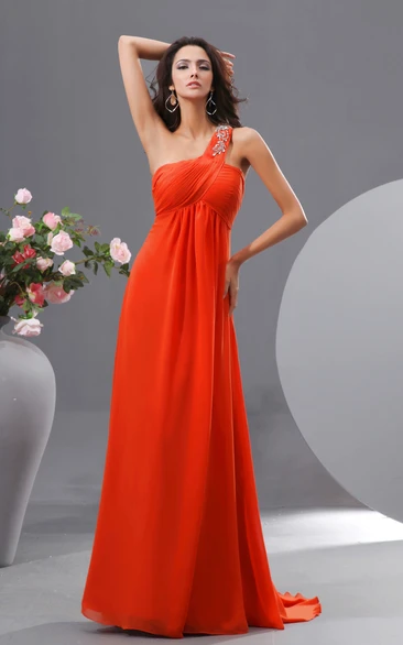 One-Strap Chiffon Floor-Length Dress With Brush Train