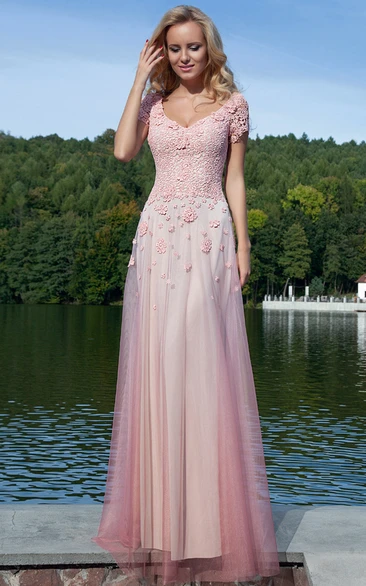 Sheath Long Appliqued V-Neck Short-Sleeve Tulle Prom Dress