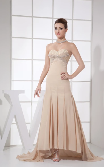 Strapless Beaded Chiffon Long Dress With Brush Train