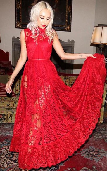 Sexy High Neck Sleeveless Red Evening Dress Lace