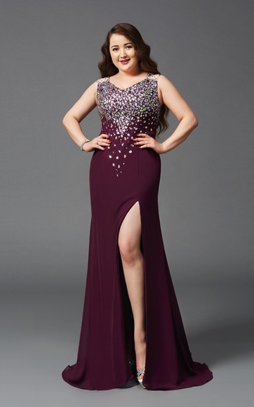 Sheath Floor-length V-neck Sleeveless Jersey Split Front Beading Illusion Dress