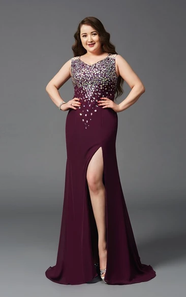 Sheath Floor-length V-neck Sleeveless Jersey Split Front Beading Illusion Dress