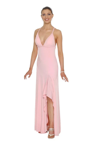 Halter Jersey Gown With Front Slit and Ruffles