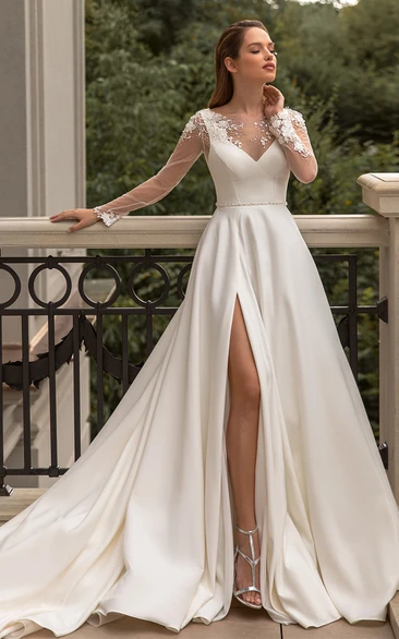 High-end A Line Satin V-neck Chapel Train Wedding Dress with Split Front