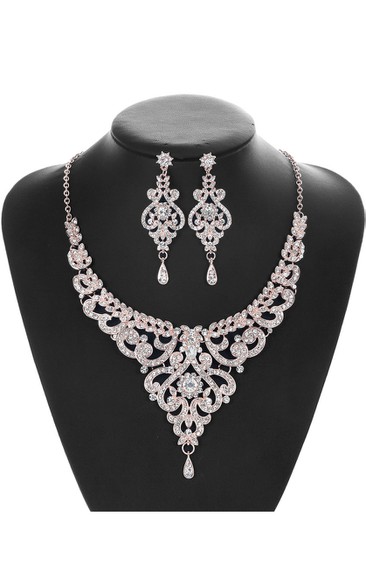 Trendy Rose Gold Rhinestone Necklace and Earrings Jewelry Set