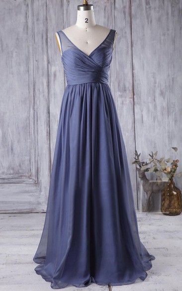 V Neck V Back Pleated A-line Chiffon Long Dress Brush Train