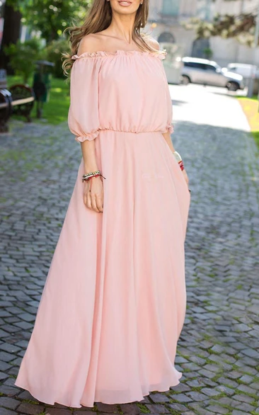 Floor-length Off-the-shoulder Chiffon&Jersey Dress