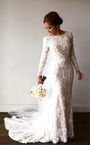 Vintage Long Sleeve 3D-floral Appliques Crystal Mermaid Wedding Dress