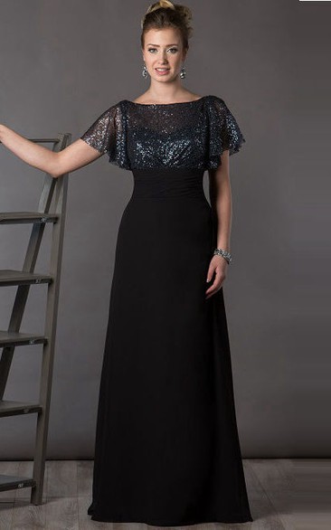 Bateau V Back Sequin Top Chiffon Long Mother Of The Bride Dress With Short Batwing Sleeve