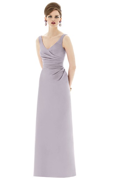 Sheath Long V-Neck Side Ruched Gown with Low-V Back 