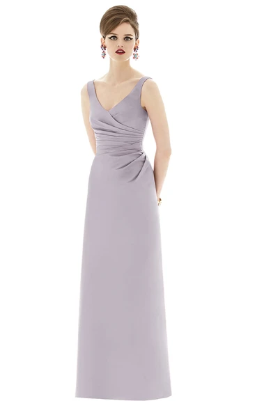 Sheath Long V-Neck Side Ruched Gown with Low-V Back 