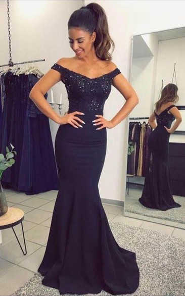 Mermaid Trumpet Satin Lace Off-the-shoulder Short Sleeve Zipper Low-V Back Dress