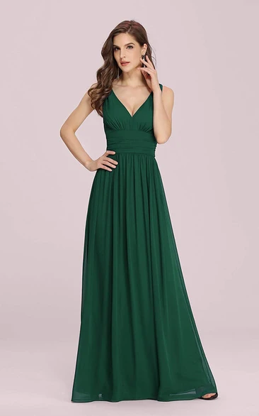 Casual Chiffon V-neck A Line Sleeveless Evening Dress With Ruffles