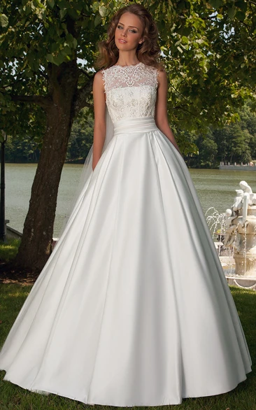 Ball-Gown Lace Jewel Sleeveless Floor-Length Satin Wedding Dress With Lace-Up Back And Bow