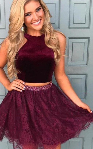 Satin Lace Short Two Piece Sleeveless Modern Homecoming Dress