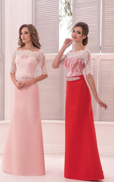 A-Line Floor-Length Scalloped Half Sleeve Satin Lace Beading Low-V Back Dress