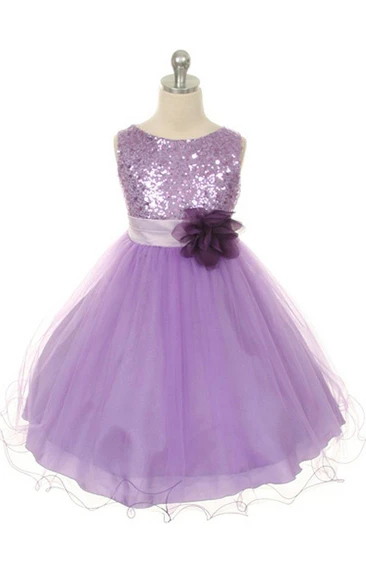 Sleeveless A-line Dress With Sequined Bodice and Flower