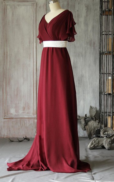V Neck V Back Bat Wing Sleeve Empire A-line Chiffon Long Dress With Sash