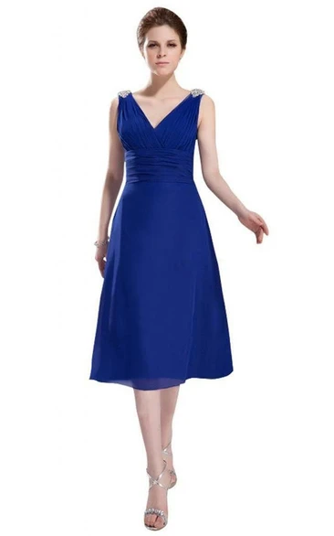 Sleeveless Beaded V-neck Ruched Bodice Midi-length Chiffon Dress