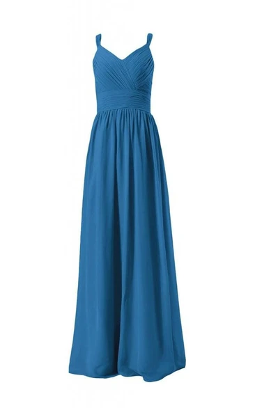 Sleeveless V-neck Ruched Sash Long Pleated Chiffon Dress