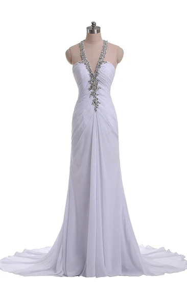 Sleeveless Long Ruched Chiffon Dress With Beadings