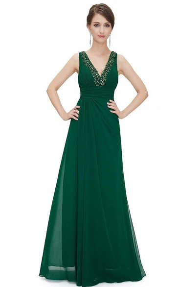 Sleeveless V-neck A-line Beaded Chiffon Gown