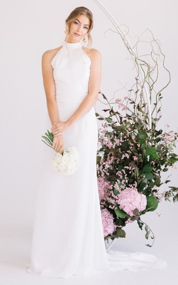 Casual Sheath Halter Satin Sleeveless Wedding Dress with Train