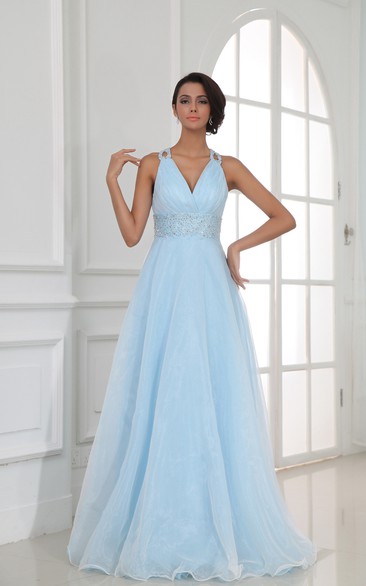 Sexy V-Neck Halter Chiffon A-Line Gown With Sequined Waist