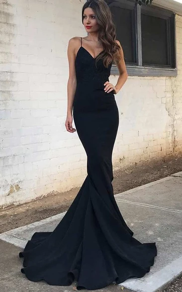 Spaghetti Strap V Neck Mermaid Long Satin Gown 