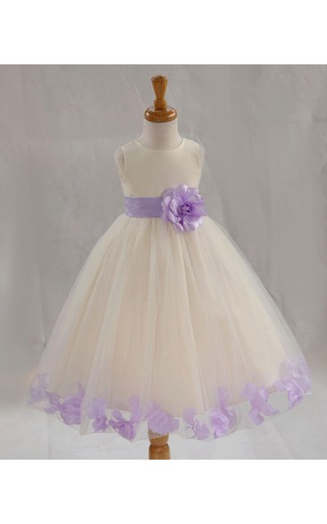 Bateau Neck Empire Tulle Ball Gown With Flower Sash and Pleats