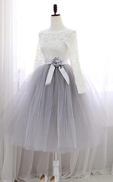 A-Line Jewel Neck Lace Sashes Tea-Length Prom Dress