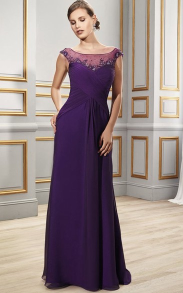 Scoop Neck Cap Sleeve Criss-Cross Chiffon Formal Dress