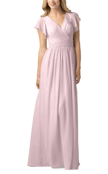 Butterfly Sleeves V-neck Chiffon Long Bridesmaid Dress