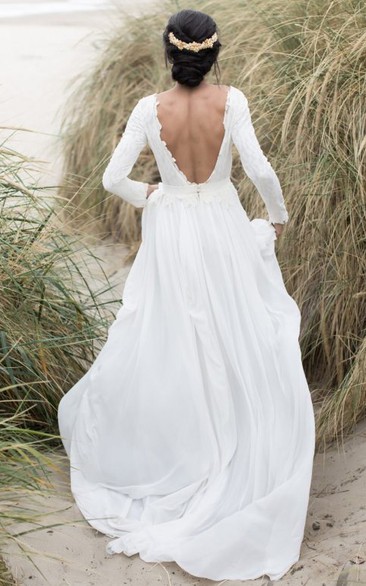 Bohemian Bateau A Line Lace and Chiffon Sweep Train Wedding Dress with Ruching