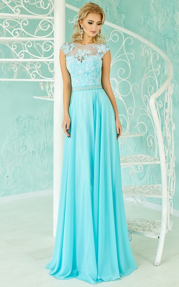 Mermaid Sweep Jewel Sleeveless Satin Chiffon Appliques Beading Keyhole Dress