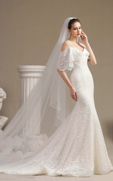 Fancy Cute Off-the-shoulder Lace Mermaid Wedding Dress With Straps And Half Sleeves