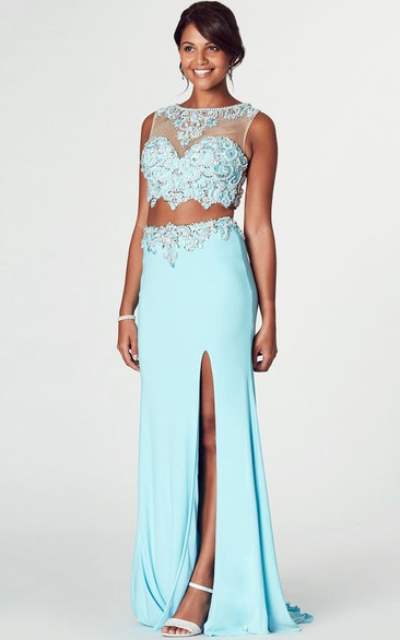 Beaded Bateau Neck Sleeveless Jersey Prom Dress