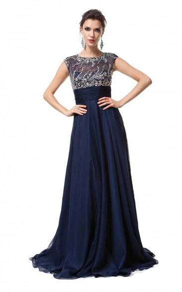 A-line Sleeveless Scoop Floor-Length Chiffon Beading Dresses