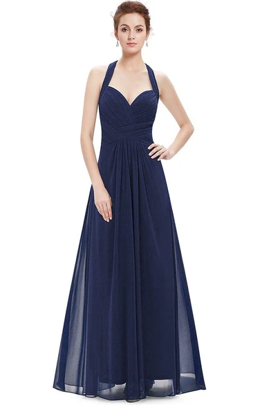 Floor-length Halter Pleated Chiffon Dress