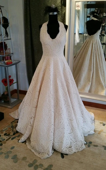 Sleeveless A-Line Lace Dress With Halter and Open Back