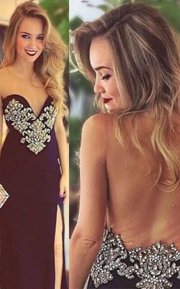 Sexy Sweetheart Crystals Bodycon Prom Dress Open Back Front Split