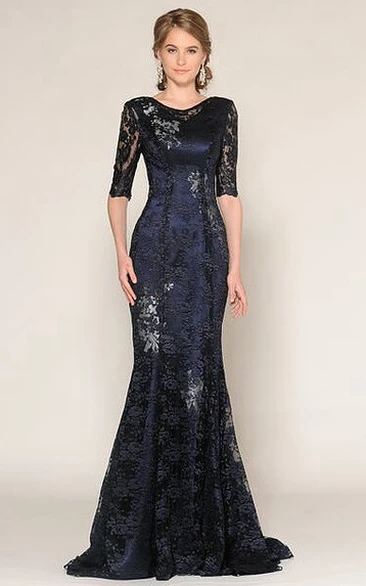 Mermaid Floor-Length Half-Sleeve Scoop-Neck Appliqued Lace Prom Dress