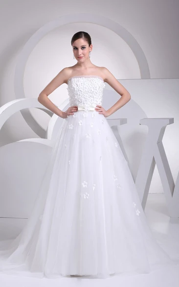 Strapless Pleated A-Line Dress With Floral Top and Tulle Overlay