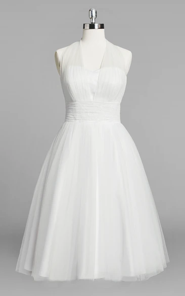 Halter A-Line Short Tulle Wedding Dress With Ruching