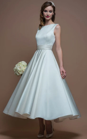 A-Line Jewel-Neck Sleeveless Tea-Length Satin Wedding Dress With V Back