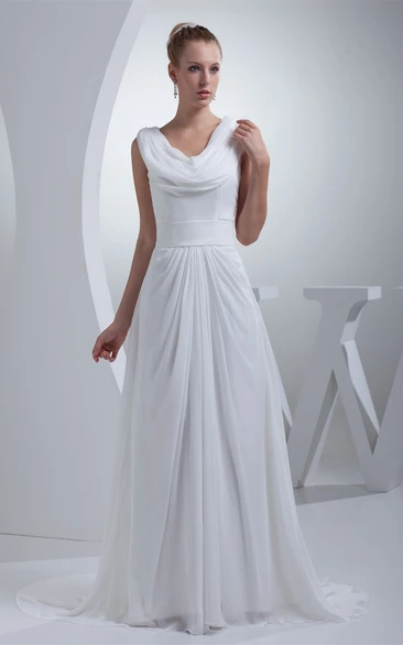 Capped Sleeve Ruffled Cowl Neck Dress With Pleat and Waistband