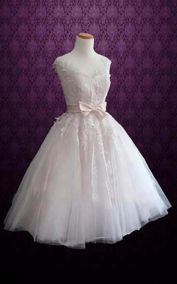 Short Tea-Length Tulle Lace Satin Weddig Dress